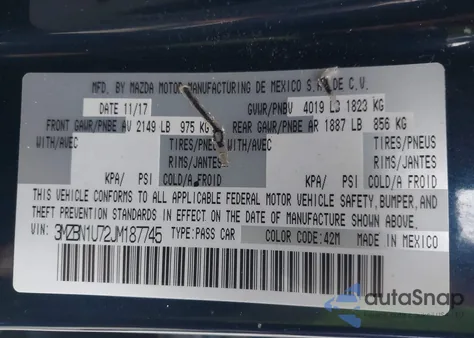 2018 Mazda Mazda3 Sport from USA, damaged, VIN 3MZBN1U72JM187745